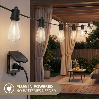 50FT LED Outdoor String Lights - 27 Shatterproof ST38 Edison Bulbs - Waterproof Patio Decor for Outside - Dimmable Bistro Cafe Hanging Lights