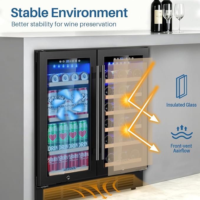 30 Inch Wine and Beverage Refrigerator Dual Zone Wine Fridge Beverage Cooler with Glass Door, Holds 110 Cans and 30 Bottles, Seamless Frame Built In or Freestanding for Home Bar, Kitchen