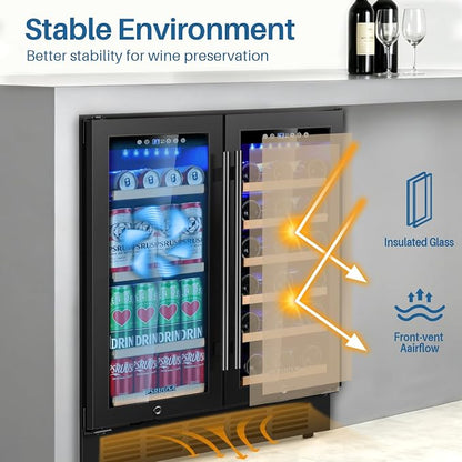 30 Inch Wine and Beverage Refrigerator Dual Zone Wine Fridge Beverage Cooler with Glass Door, Holds 110 Cans and 30 Bottles, Seamless Frame Built In or Freestanding for Home Bar, Kitchen