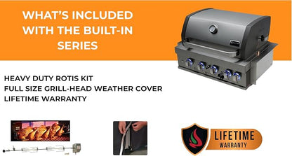 Mont Alpi Stainless Steel Outdoor Kitchen Island 44"W 6-Burner Built-in BBQ Grill Head with Accessories - Flat Top Griddle Hot Plate + Pizza Kit with Cutter & Stone + Spatulas + Tongs + Cleaning Brush
