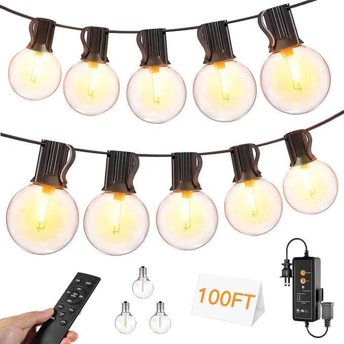 100FT Outdoor String Lights with Remote, 50 + 3 Spare G40 LED Bulbs Plug in Connectable Dimmable Patio Lights, Waterproof Hanging Lights for Outside Backyard Balcony Yard Deck Party