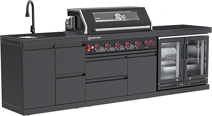 SERA C 6-Burner Natural Outdoor Kitchen Combo Sink & Fridge Black | Black 304 stainless steel, 87,900 BTU + infrared, 115L double fridge, combo sink with drawers, locking caster, patio backyard