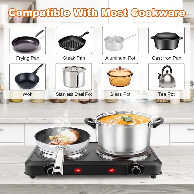 Electric Charcoal Burner Stove, 500W Single Coil Hot Plate Starter with Grill Tongs, 5-Level Temp, Smart Heat Control & Stainless Steel Fast Heating for Cooking top Countertop (5380Black)