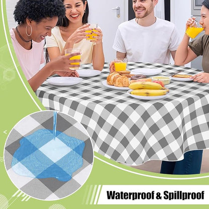 Smiry Picnic Table Cloth, Vinyl Tablecloths with Flannel Backing, 60" Round | Waterproof Picnic Table Cloth, Wipeable Buffalo Plaid Table Cover for Indoor and Outdoor (Grey & White)