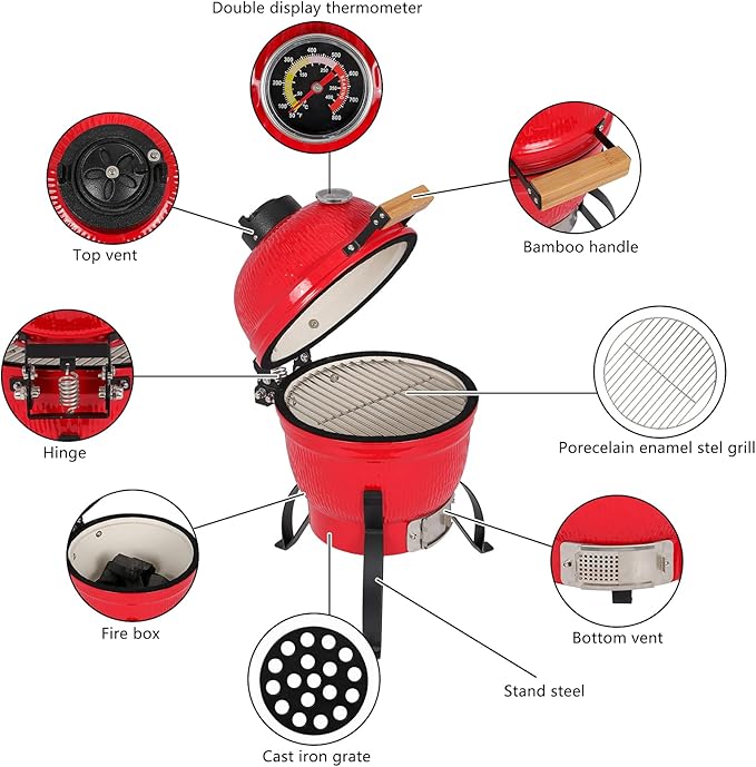 Ceramic Grill, 13" Round Charcoal Grill, Portable Barbecue Grill for Variations on Cooking Methods,Portable Charcoal Grill for Outdoor Grilling - Barbeque Grill for Outdoor Picnic 46 x 46 x 56CM