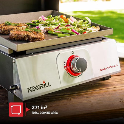 Nexgrill Daytona 1-Burner Portable Gas Griddle with Built-In Lid, 12,000 BTUs, 271 SQ In Cooking Space, Small Tabletop Propane Griddle for Outdoor Cooking, Camping, BBQs, and Parties - 820-0081