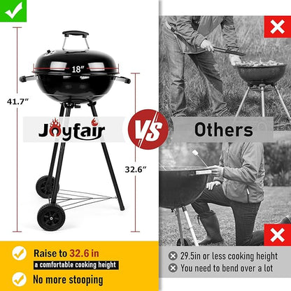 Joyfair Kettle Charcoal Grill (18 Inch), Outdoor Barbecue Grill for Camping/Backyard/Tabletop Grilling, Portable Round Smoker with Wheels, Enameled Lid & Fire Bowl, Dual Venting System, Black