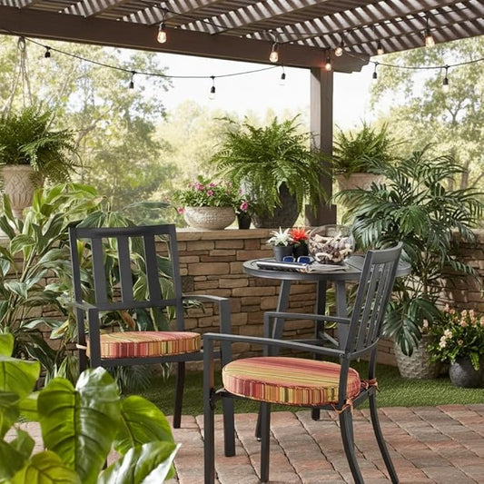 Set of 2 Outdoor 18 inch Round Patio Dining Chair Pads – Comfortable Fiber-Filled Seat Cushions with Ties, Reversible Polyester Fabric - Kinnabari Stripe