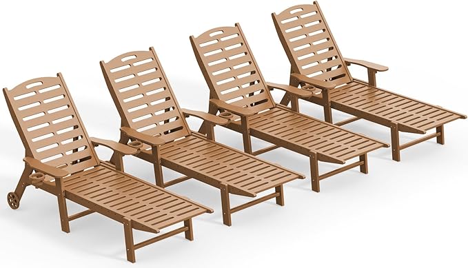 Ciokea Heavy Duty HDPE Chaise Lounge Chairs Outdoor Set of 4, 5-Position Adjustable Patio Sun Loungers with Wheels & Cup Holder, Outdoor Furniture Set for Poolside, Deck, Backyard, Teak