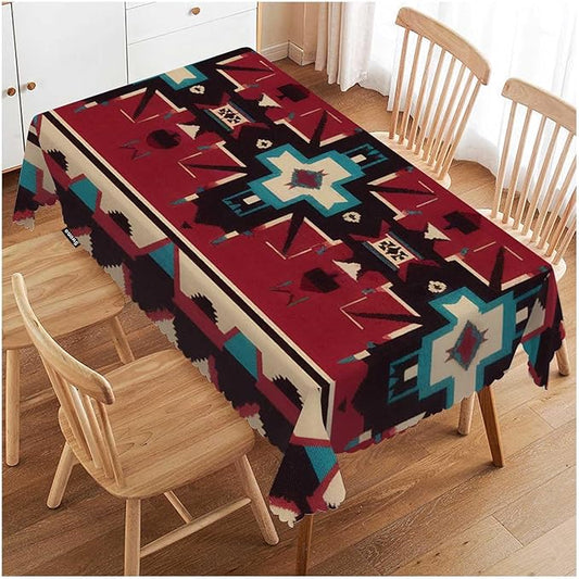 Swono Ethnic Pattern Tablecloth Red Geometric American Navajo Style Rectangle Table Cloth Washable Plaid Table Cover for Kitchen Holiday Dinner, 52x 70 Inch Tablecloth