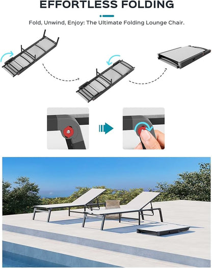 Ciokea Aluminum Foldable Lounge Chairs Set of 2 with 1 Outdoor Aluminum Side Table ，Perfect Match ，Suitable for Courtyard, Balcony, Lawn and Other Scenes，White