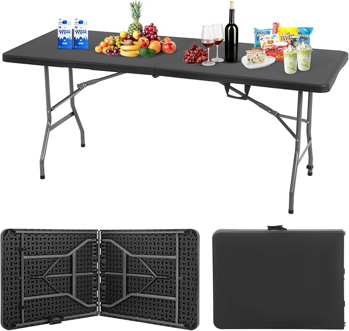 BestOffice | 6FT Folding Table | Black | Portable Plastic Table | with Carry Handle | Waterproof & Foldable Table Design | Steel Frame with Lock | for Events, Camping, Indoor & Outdoor Use