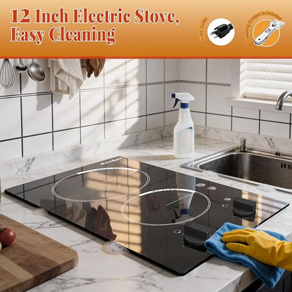 2 Burner Electric Cooktop - 110v Countertop and Built-in Electric Stove 2000W, 12 Inch Ceramic Stove with Residual Heat Indicator, Over-Temperature Protection, Knob Control, 110-120V Plug in