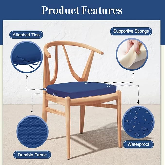Cozyide Outdoor Chair Cushions, Waterproof Patio Seat Cushions with Adjustable Straps, Round Corner Patio Chair Cushions for Garden, Royal Blue, 17x16x2 Inch (Pack of 4)