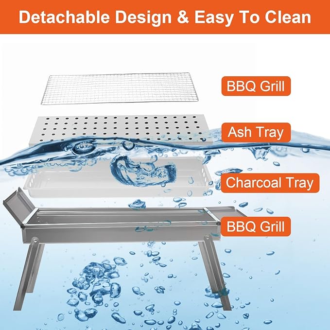 Foldable Charcoal BBQ Grill, Portable Grill Charcoal with Side Table, Stainless Steel BBQ Grill, Easy Setup Tabletop Barbecue Grill for Camping Picnic Outdoor Party Backyard Travel (Extended)
