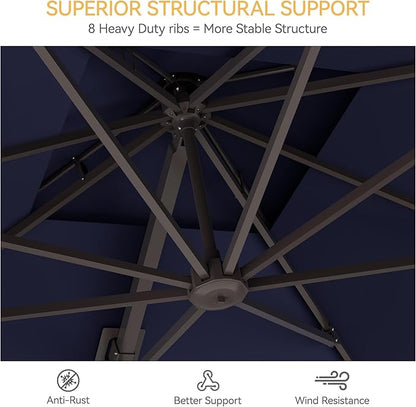 10x10 FT Patio Umbrella with Base, Large Cantilever Double Top Heavy Duty Offset Umbrellas with 360° Rotation, Outdoor shade for Garden Deck Pool, Navy