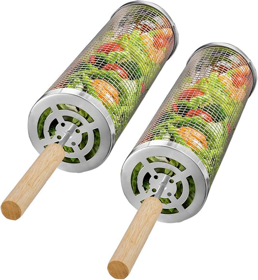 Nesting Grill Baskets (2 PCS), 304 Stainless Steel with Removable Wooden Handle, Rolling Grilling Net, BBQ Accessories Tools for Vegetables Shrimp, Outdoor Camping, Gifts for Men Dad and Husband -Silver Cylinder