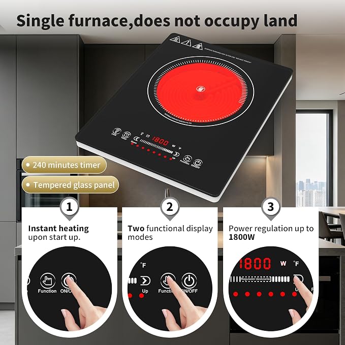 VBGK Single Burner Electric Cooktop,110V 1800W Electric Stove Top with LED Touch Control,8 Power Levels, 4HTimer, Safety Lock, portable cooktop Overheat protection