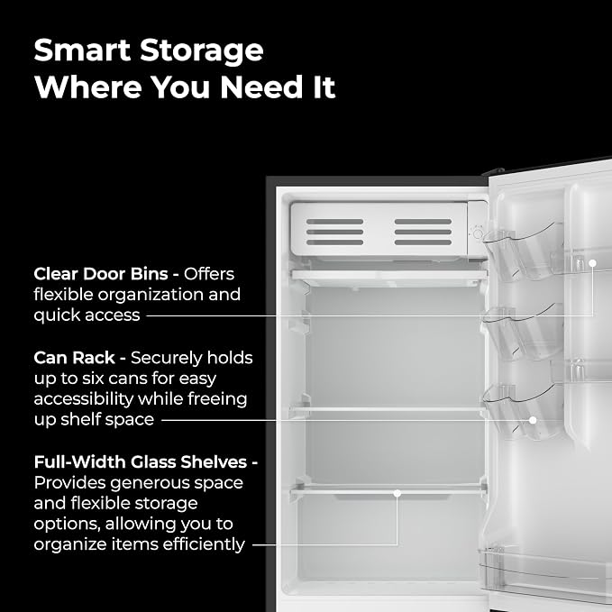Kenmore 3.5 cu. ft.18 Compact Refrigerator with Chiller - Black | 6 Can Rack, Adjustable Glass Shelving, Reversible Door, Interior Lighting, ENERGY STAR Certified