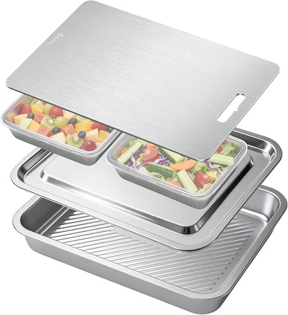 7-in-1 Grill Carry System, Stainless Steel Grill Prep Trays | Large Lidded Marinating Containers, Cutting Board, 2 Food Storage Containers with Lids, Stackable BBQ Gifts for Men