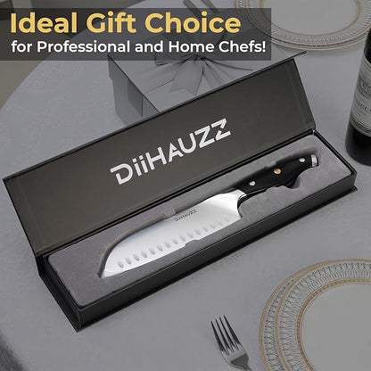 DiiHAUZZ Chef Knife, 7 Inch Ultra Sharp Japanese Santoku Knife, High Carbon Steel Forged Professional Kitchen Knife with Full Tang Triple-Riveted Ergonomic Handle for Slicing, Chopping, Dicing