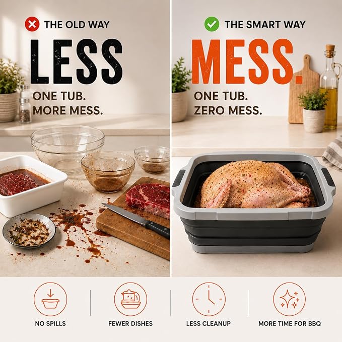 Collapsible BBQ Prep Tub with Lid and Cutting Board, XL Grilling Container | Perfect for Meal Prep, Marinade, Storage, Camping, Barbecue, Smoked, Party, Turkey, Beef, Chicken, Locking Lid, Large Size