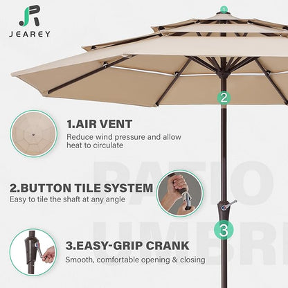 JEAREY 9FT 3 Tier Patio Umbrella Outdoor Market Umbrella Table Umbrellas with 8 Ribs 1.5 Pole Push Button Tilt and Crank UV Protection for Garden,Beige