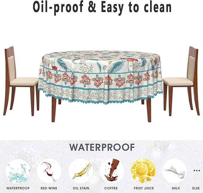 Flower Round Tablecloth Waterproof Spring Summer Circle Table Cloth for Kitchen Dinning Tables Decor Vintage Boho Washable Seasonal Table Cover for Indoor Outdoor Restaurant Home 60x60 Inch