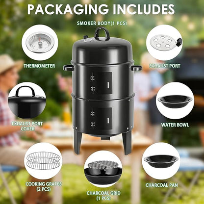 16.5-Inch Vertical Charcoal Smoker, Heavy Duty Round Multi-Layer BBQ Grill with Thermometer for Smoking Meats (Black)