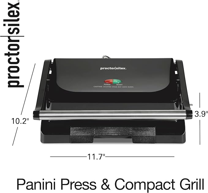 Proctor Silex Panini Press Sandwich Maker Grill & Electric Indoor Grill | 70 sq. in. Cooking Surface | Easy-Clean PFAS-Free Nonstick Grids | Compact Upright Storage | Indicator Lights | Black