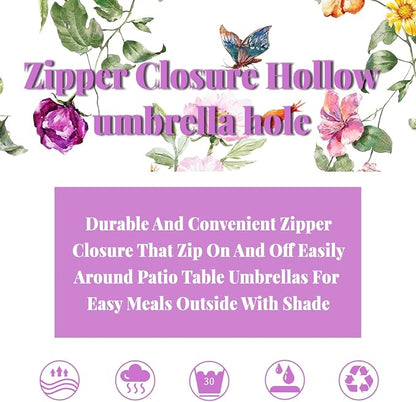 Outdoor Tablecloth with Umbrella Hole and Zipper, Patio Table Covers for Spring/Summer, Machine Washable Outdoor Party/Picnic Rectangle Table Cloth 60 x 120 in