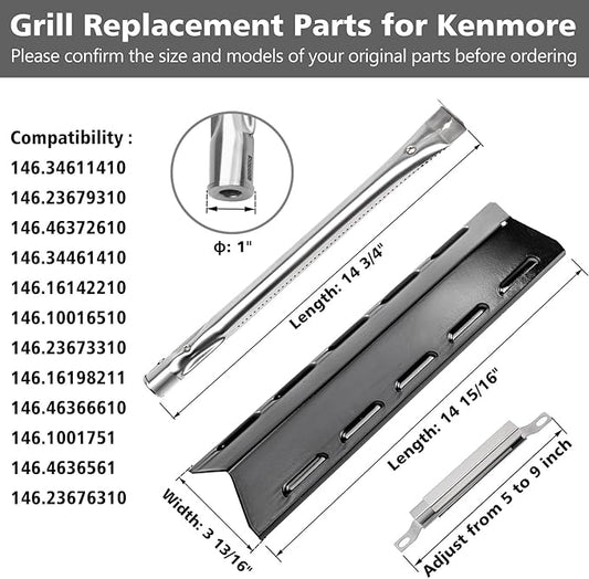Grill Parts for Kenmore 146.34611410 146.05349710 146.46372610 146.16142210 146.34461410 146.10016510 146.16197210 146.16198211, Heat Plate & Grill Burner & Crossover Tube Replacement Kit