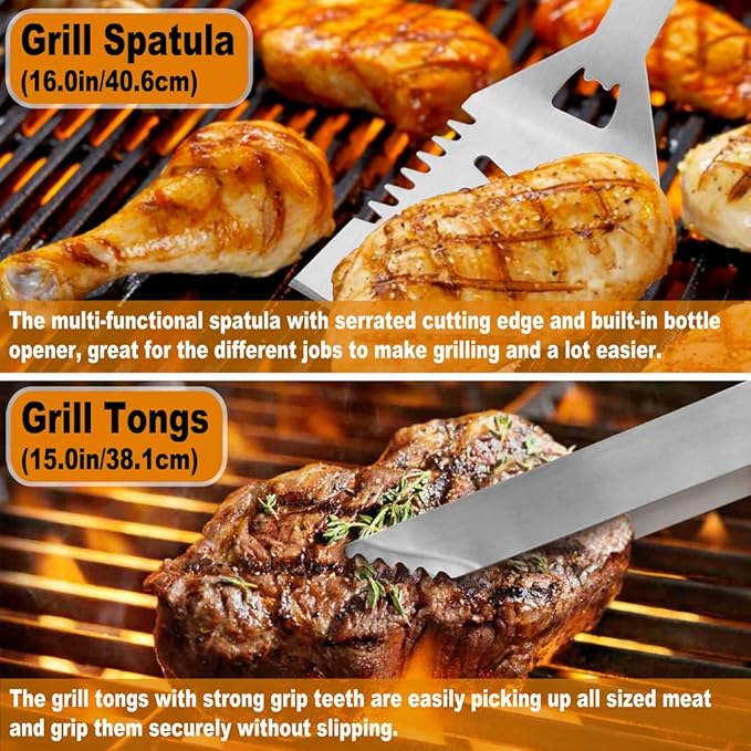 POLIGO 26Pcs Exclusive BBQ Grill Accessories in Aluminum Case for Birthday Fathers Day Grilling Gift - Grill Utensils Set with Barbecue Claws, Meat Injector, Thermometer for Smoker, Camping BBQ Black