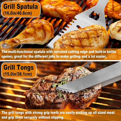 POLIGO 26Pcs Exclusive BBQ Grill Accessories in Aluminum Case for Birthday Fathers Day Grilling Gift - Grill Utensils Set with Barbecue Claws, Meat Injector, Thermometer for Smoker, Camping BBQ Silver