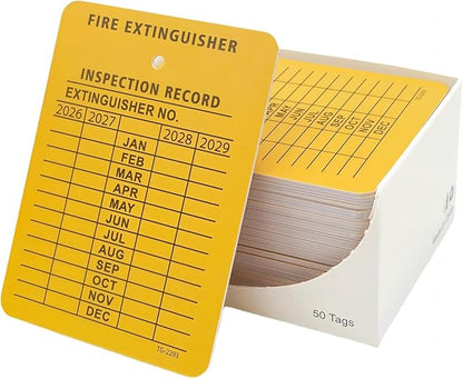 Fire Extinguisher Tags Monthly Inspection (50-Pack with Box), 2.25" x 3", 2026-2029, Heavy Duty Yellow Plastic for Indoor & Outdoor Use, Safety Compliance Tags for Fire Safety Inspections