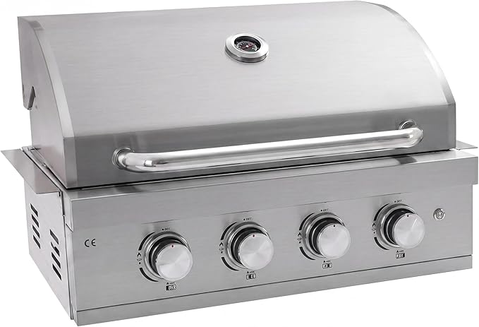 27 In Built-in Outdoor Gas BBQ Grill, 4-BurnerStainless Steel Drop-in Grill with LED Ambient Lighting, 304 Brushed Stainless Steel, Heavy Duty Outdoor Kitchen Island Grill
