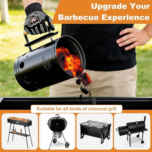 WILLBBQ Charcoal Chimney Starter Great for Fireplace, BBQ, Fire Pits, Barbecues, Chimineas, Campfires, Pizza Ovens - Zinc Steel BBQ Kit, 20 Starters, Heat Resistant Gloves Blower (Black)
