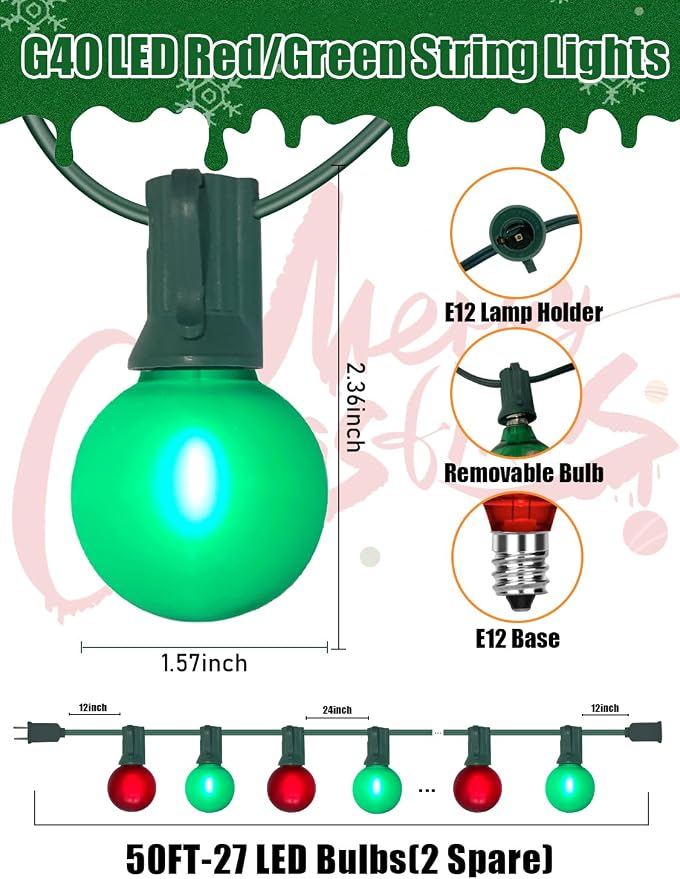 SUNSGNE 50FT G40 Round Christmas Lights Outdoor, Globe Christmas String Lights with 27 LED Frosted Red Green Lights(2 Spare) for Patio Balcony Roofline House Tree Decor, Green Wire