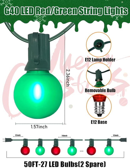 SUNSGNE 50FT G40 Round Christmas Lights Outdoor, Globe Christmas String Lights with 27 LED Frosted Red Green Lights(2 Spare) for Patio Balcony Roofline House Tree Decor, Green Wire