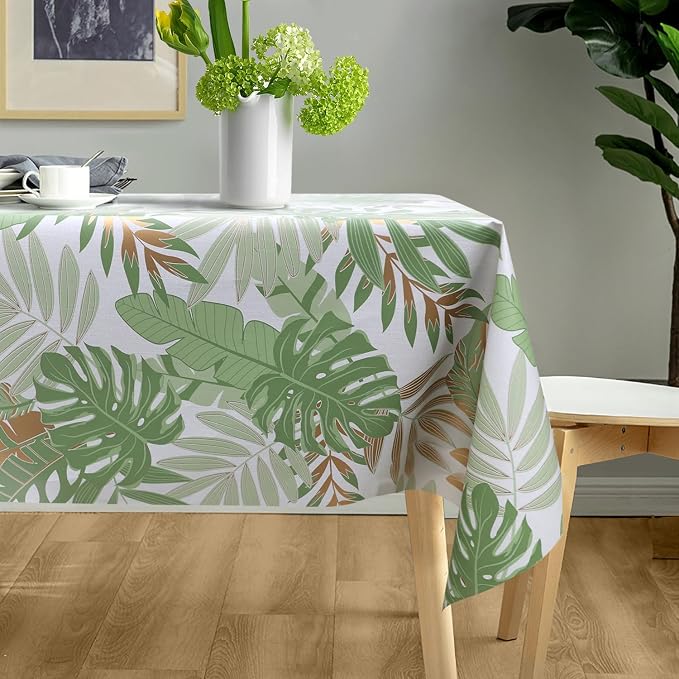 AIRCOWRIE Waterproof Vinyl Tablecloths, Heavy Duty Oil Spill Proof Plastic Table Cloth with Soft-Touch Finish, Wipe Clean PVC Table Cover for Indoor and Outdoor Use (Green Leaf, 54”×120”, Rectangle)
