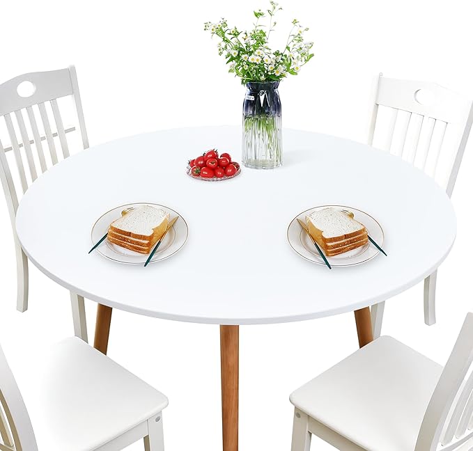 NEWISHER Round Fitted Table Cover Spandex Stretch Tablecloth 48 inch | Elastic Edged Table Cloth, White Table Top Cover, Washable Tablecloth for Dining Picnic Patio