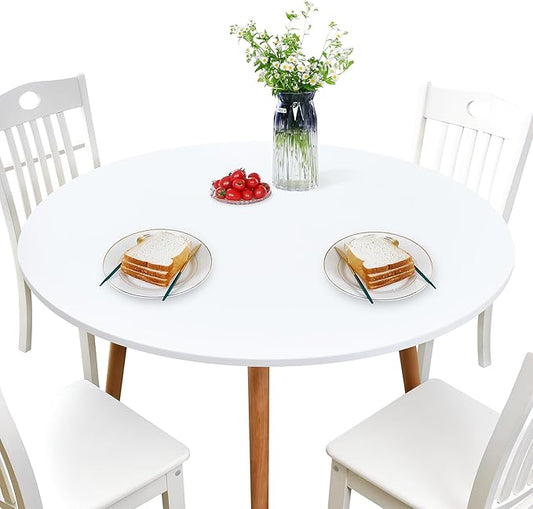 NEWISHER Round Fitted Table Cover Spandex Stretch Tablecloth 48 inch | Elastic Edged Table Cloth, White Table Top Cover, Washable Tablecloth for Dining Picnic Patio