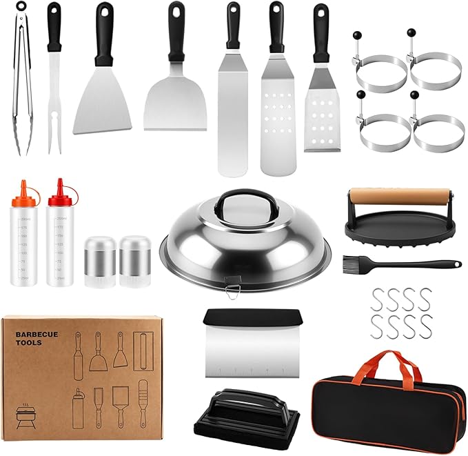 29PCS Griddle Accessories for Blackstone, Premium Stainless Steel Griddle Tool Set with Spatulas, Tongs, Smash Burger Press, Seasoning Bottles, Carry Bag for Camp Chef, Outdoor BBQ