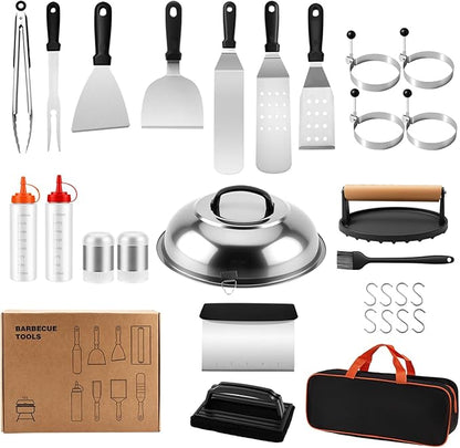 29PCS Griddle Accessories for Blackstone, Premium Stainless Steel Griddle Tool Set with Spatulas, Tongs, Smash Burger Press, Seasoning Bottles, Carry Bag for Camp Chef, Outdoor BBQ