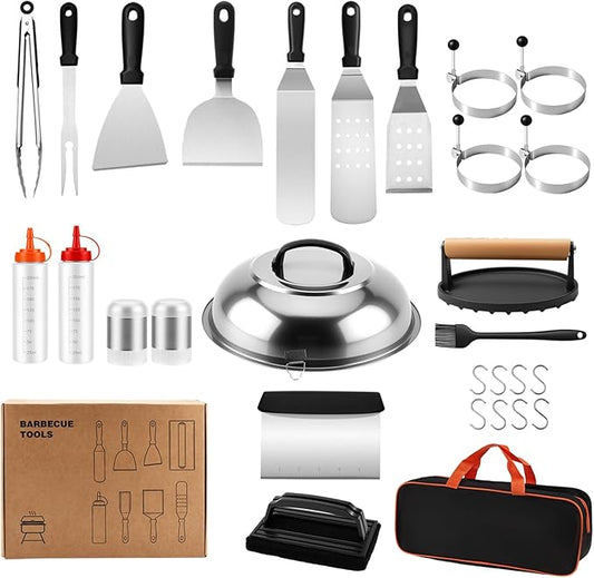 29PCS Griddle Accessories for Blackstone, Premium Stainless Steel Griddle Tool Set with Spatulas, Tongs, Smash Burger Press, Seasoning Bottles, Carry Bag for Camp Chef, Outdoor BBQ