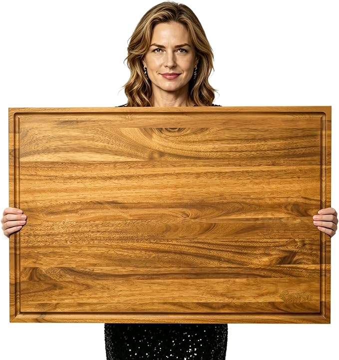 Sentsu Extra Large Acacia Wood Cutting Board 30 x 20 in, Deep Juice Groove | 100% solid acacia, handles, carving, serving, stove top cover and countertop extender for daily prep