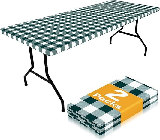 Smiry Picnic Table Cloth 2 Pack, Waterproof Elastic Fitted Tablecloths for 6FT Rectangle Tables, Washable Polyester Buffalo Plaid Tablecloth for Camping & Outdoor (Emerald Green & White, 30" x 72")