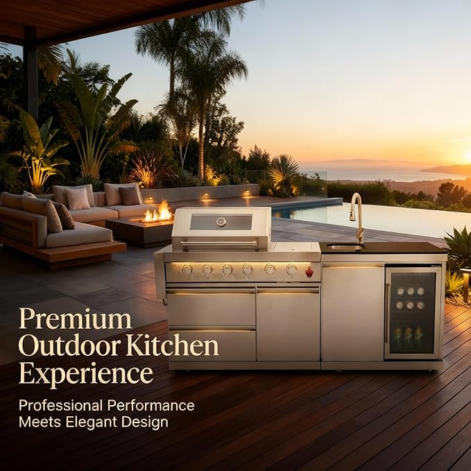 84" Modular Outdoor Kitchen Island, 4-Burner 75,300 BTU BBQ Island with Side Burner, Integrated Sink & Refrigerator, Side Prep Shelf, NG Conversion Kit, for Backyard and Patio Cooking, Silver