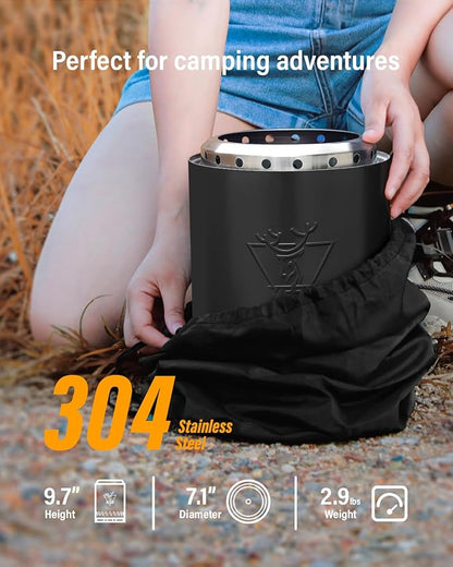 YEFU Tabletop Fire Pit 9.7 x 7.1 in, Flame Intensity Control Camping Stove for Outdoor & Patio, Fueled by Pellets or Wood, Safe Burning Table Top Firepit, with Travel Bag & 2 Mini Sticks, Black