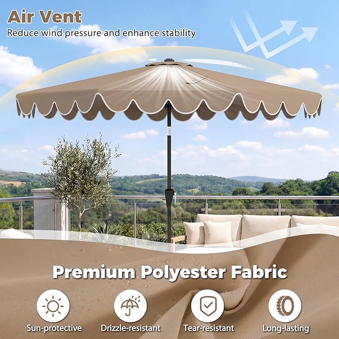 Tangkula 10 FT Patio Umbrella with Base Included, 2-Tiers Outdoor Scalloped Table Umbrella with 2 Sandbags, Tilt Adjustment, Crank, 8 Ribs for Market Backyard Pool Deck Beach Lawn
